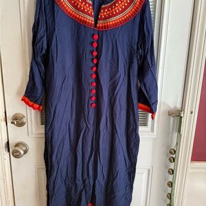 Stylish Navy Dress with Red Embellishments